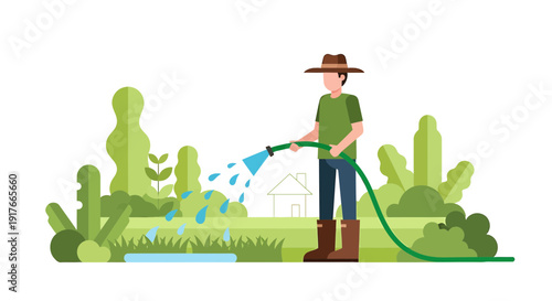 Gardener watering plants with hose in lush green garden, flat design illustration