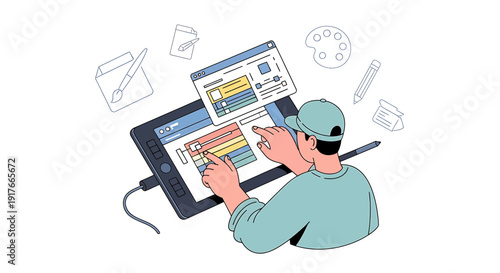 Graphic Designer Creating Digital Art on Tablet with Stylus and Tools