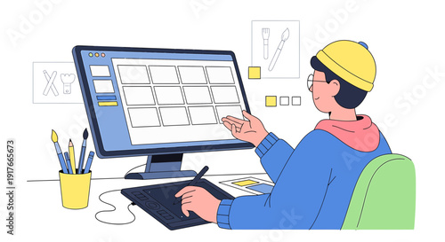 Graphic designer creating storyboard on computer with drawing tablet