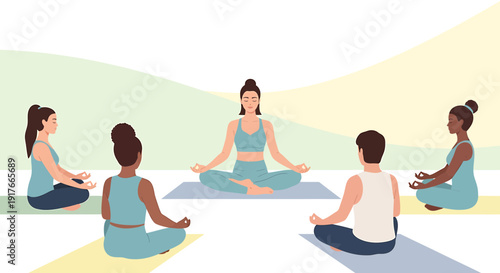 Group meditation session with instructor in serene outdoor setting