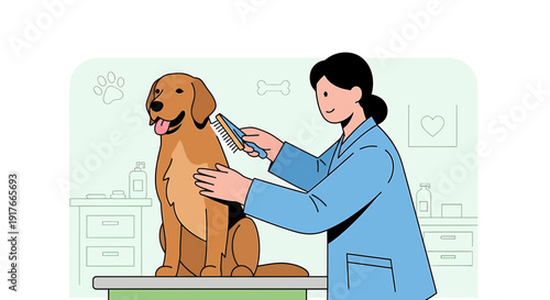 Groomer Brushing Golden Retriever Dog in Veterinary Clinic