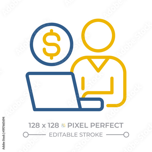 Self employment pixel perfect two color line icon. Person working on laptop. Financial report of private entrepreneur bicolor outline iconset isolated. Duotone pictograms thin linear. Editable stroke