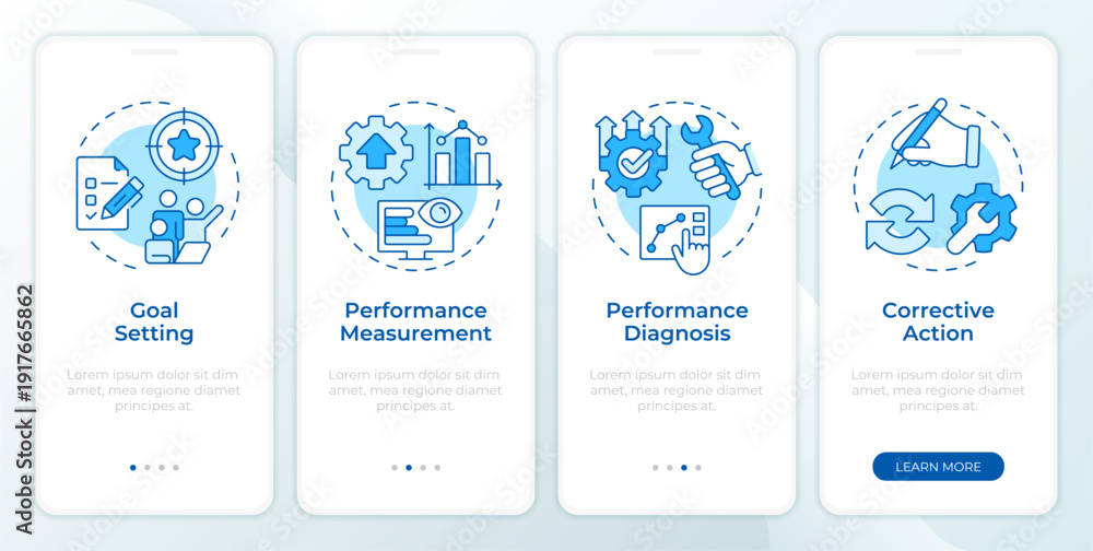 Fototapeta premium Marketing control process blue onboarding mobile app screen. Walkthrough 4 steps editable graphic instructions with linear concepts. UI, UX, GUI. Montserrat SemiBold, Regular fonts used