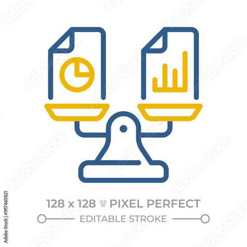 Comparative financials pixel perfect two color line icon. Statements control. Analyzing changes in performance bicolor outline iconset isolated. Duotone pictograms thin linear. Editable stroke