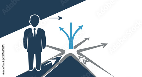 Businessman figure choosing path among multiple arrows on a white background