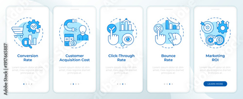 Marketing performance tracking blue onboarding mobile app screen. Walkthrough 5 steps editable graphic instructions with linear concepts. UI, UX, GUI. Montserrat SemiBold, Regular fonts used