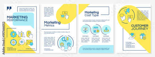 Marketing campaign metrics blue and yellow brochure layout. Advertising strategy. Leaflet advertising design with color line icons. Editable 4 pages. Questrial, Lato-Regular fonts used