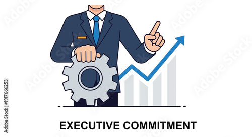 Businessman pointing up with gear and rising graph representing growth
