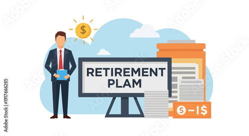 Businessman presenting a retirement plan concept illustration for financial goals