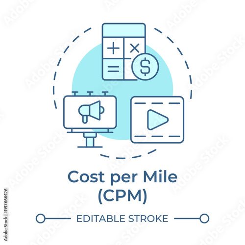 Cost per mile soft blue concept icon. Financial management, marketing analysis. Money calculation. Round shape line illustration. Abstract idea. Graphic design. Easy to use in booklet, article