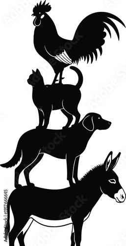 Black silhouette of Town Musicians of Bremen featuring stacked donkey dog cat and rooster characters from classic fairy tale isolated on white background