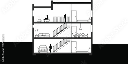 Black vector silhouette cross section of a modern three story house including garage living room dining area and bedrooms for architecture and real estate branding