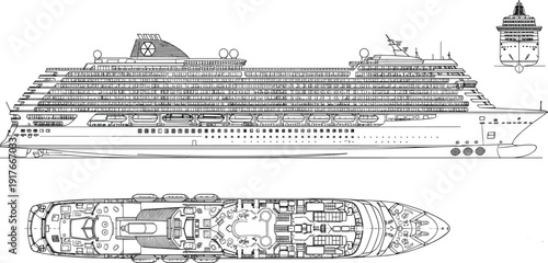 Detailed black and white line art illustration of a luxury cruise ship with side view front view and top deck plan isolated on white