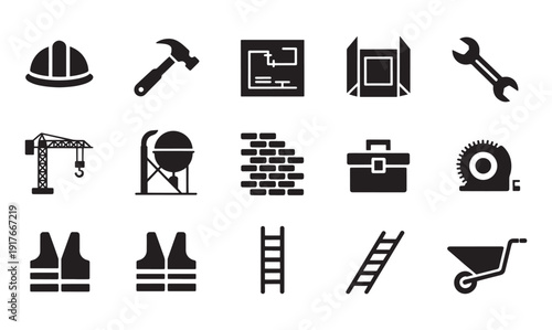 Construction Icons Set with Various Tools and Equipment