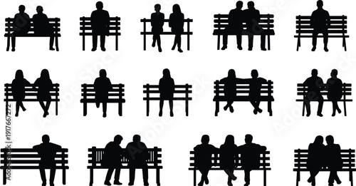 People sitting on park benches silhouettes collection couples friends waiting relaxing outdoor public seating black vector illustration set