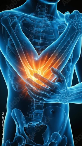 3D CG visualization of elbow pain and inflammation. Explanation of the mechanisms of tennis elbow and joint problems (vertical video)