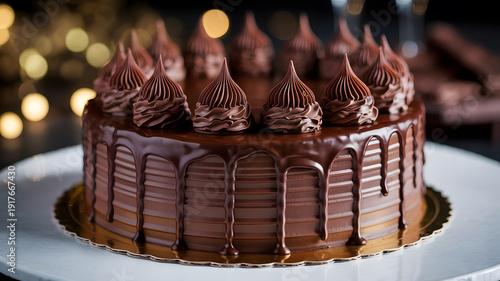 A rich and decadent chocolate cake with chocolate frosting and drizzle on a white plate