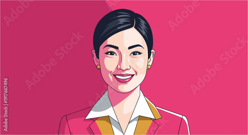A vibrant, stylized illustration of a smiling Asian woman in professional attire, exuding confidence and approachability against a bold pink background.
