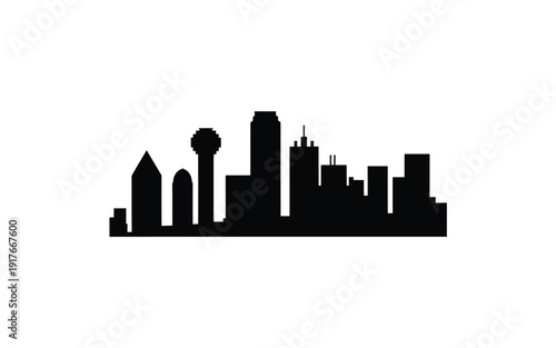 A stark black silhouette showcases the dallas skyline against a plain white background
