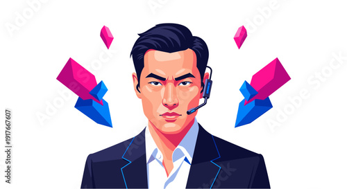 A focused Asian man wearing a headset, depicted in a modern vector illustration, symbolizing customer support and communication.