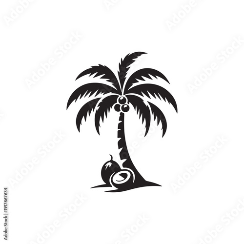 Simple vector illustration of a tropical island with a palm tree silhouette by the sea under a summer sky