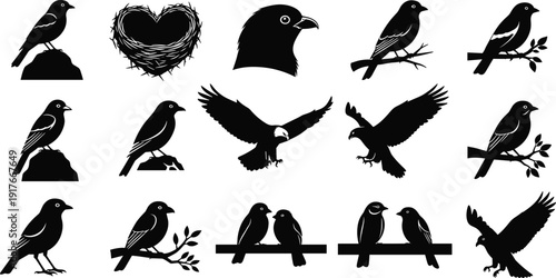 Set of black bird silhouettes featuring songbirds on branches eagles in flight a heart shaped nest and sparrow pairs isolated on white background for nature 
