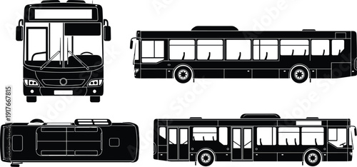 Set of black city bus silhouettes including front side and top views of public transport vehicles isolated on white background for urban transit design (25 words)