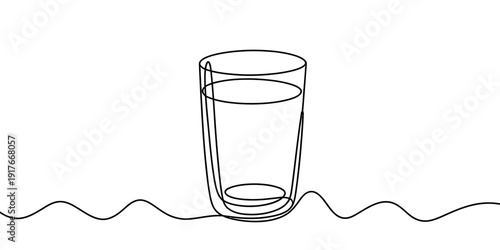 Simple black and white continuous line drawing of a glass filled with fresh water.