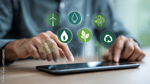 Environmental consultant reviewing ESG compliance and circular economy strategy using digital sustainability icons. clean energy transition, green innovation, and responsible corporate governance.
