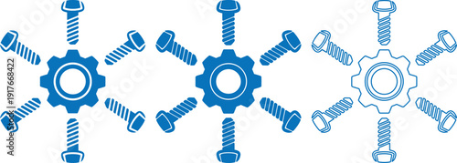 Blue gear icons and screws arranged in a pattern on transparent background