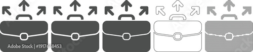Collection of briefcase icons in various styles and arrow symbols isolated on transparent background