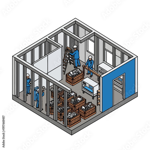 Industrial workers constructing a factory building with metal frames and equipment.