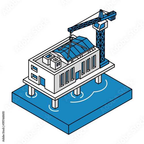 Isometric illustration of a building under construction on stilts with a crane.