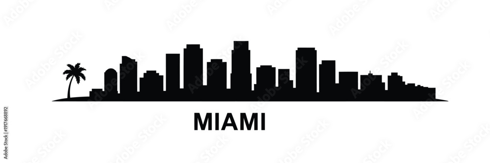 Obraz premium Miami skyline silhouette with a palm tree presented in a minimalist style