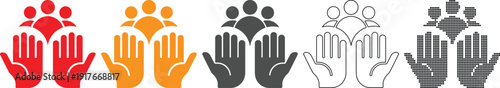 Set of colorful and monochrome icons representing helping hands and group of people together