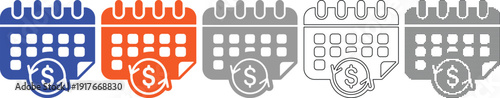 Set of calendar icons with dollar sign symbol isolated on transparent background