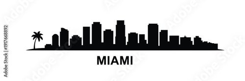 Miami skyline silhouette with a palm tree presented in a minimalist style