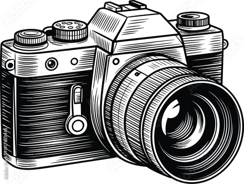 A black and white illustration of a vintage camera with a large lens