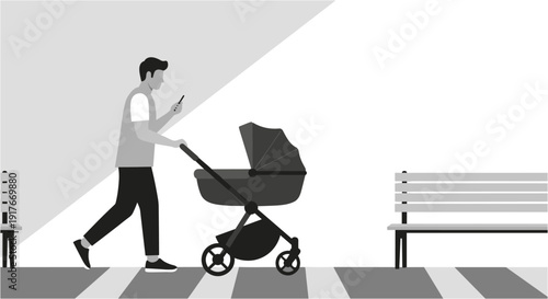 A distracted father pushing a baby stroller while looking at his smartphone, walking across a zebra crossing in a modern urban setting.