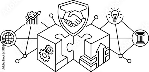 Isometric vector line art illustration of strategic business partnership and corporate synergy featuring connecting puzzle blocks with handshake shield, innovation, and legal icons
