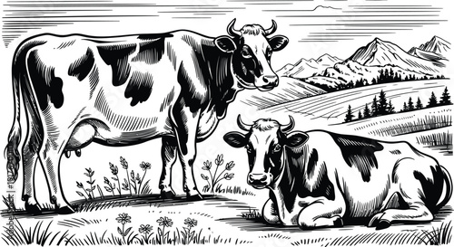 Two cows in a serene mountain landscape with rolling hills and trees