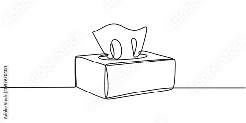 Continuous line drawing of a tissue box with a single tissue paper sticking out of the top Vector, illustration