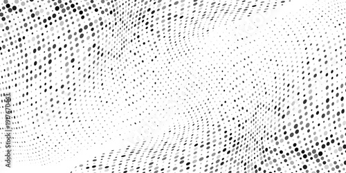 Design black and white abstract wave made of scattered dots, smooth curves, 3D effect, minimal designodern halftone gradient texture. Vanishing polka dot background. Eps10 vector