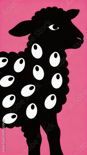 Black sheep silhouette with white eye pattern on pink background, playful pop art animal graphic for posters and apparel, quirky mood for Easter or spring design