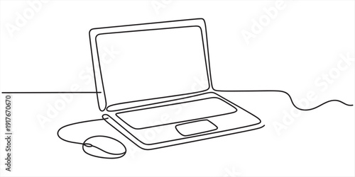 A continuous line drawing of a laptop computer and a computer mouse on a desk surface. Vector, illustration