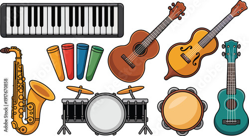 A colorful illustration of various musical instruments on a white background