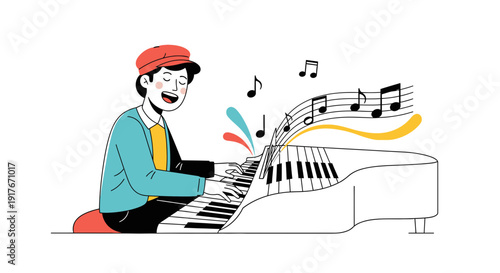 Joyful young boy playing the piano with musical notes and colorful splashes