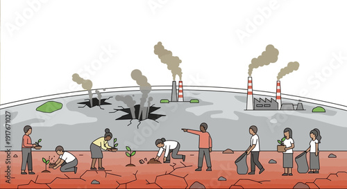 People planting and cleaning the environment while factories emit smoke