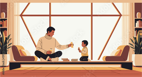 A loving father and his young child are enjoying quality time together playing with toys in a brightly lit, modern living room.