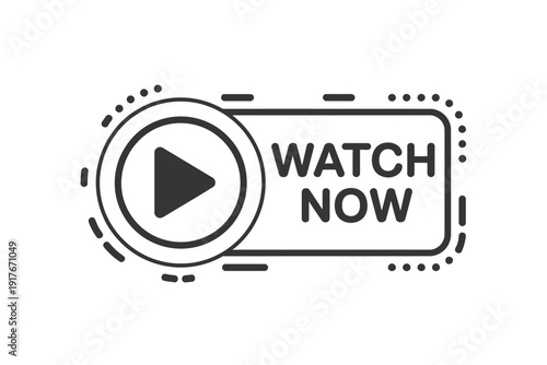 A black and white illustration of a play button with the text watch now